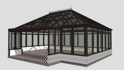 中式户外阳光房温室SU模型下载_sketchup草图大师SKP模型