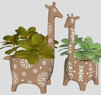 创意长颈鹿花盆盆景植物SU模型下载_sketchup草图大师SKP模型