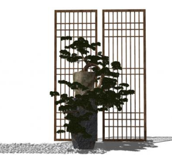 中式木隔断装饰和室内盆景SU模型下载_sketchup草图大师SKP模型
