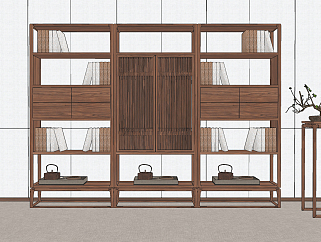 新中式古典实木简易书柜,书架su草图模型下载