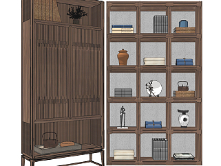 新中式实木书柜,装饰柜su草图模型下载