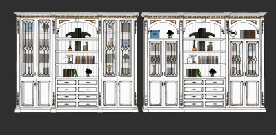 法式描金雕花书柜su草图模型下载