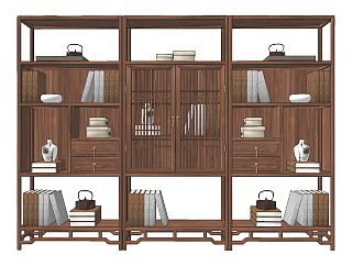 新中式实木书柜,书籍，饰品摆件su草图模型下载