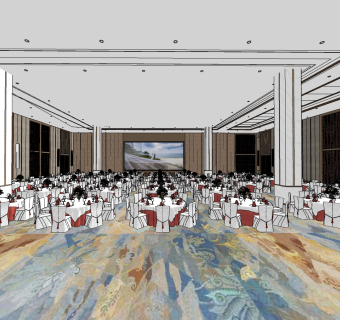 新中式酒店宴会厅su草图模型下载