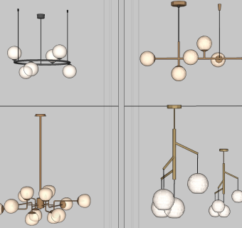 现代球形多头吊灯su草图模型下载