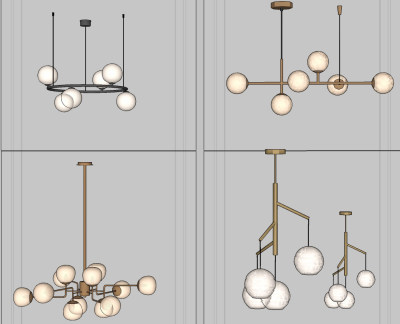 现代球形多头吊灯su草图模型下载