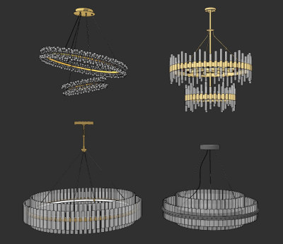 现代多层圆形圆环水晶吊灯su草图模型下载