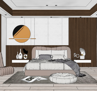 现代卧室布艺双人床su草图模型下载