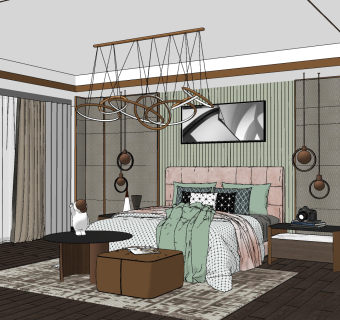 现代轻奢简欧式卧室su草图模型下载