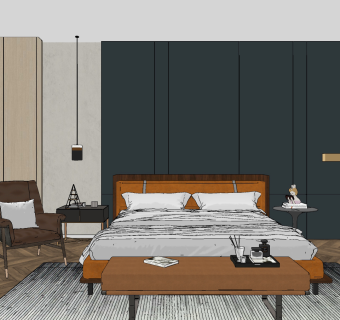 现代卧室布艺双人床su草图模型下载