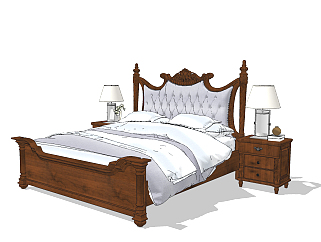 美式实木双人床,床头柜组合su草图模型下载