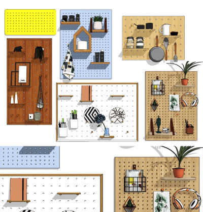 北欧洞洞板壁挂置物架su草图模型下载