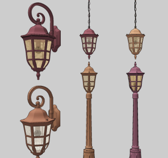 欧式铁艺，户外路灯壁灯吊灯su草图模型下载