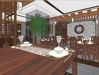 中式古典餐厅茶馆，<em>家具</em>餐桌椅，<em>茶楼</em>su草图模型下载