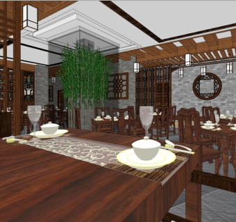 中式古典餐厅茶馆，家具餐桌椅，茶楼su草图模型下载
