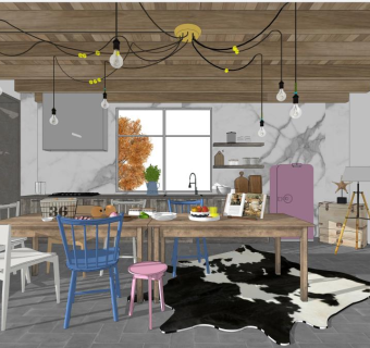 LOFT民宿厨房餐厅餐桌椅毛皮地毯su草图模型下载