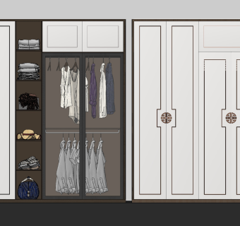 新中式实木衣柜，衣橱su草图模型下载