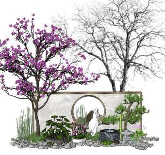 新中式景观小品，庭院景观树su草图模型下载