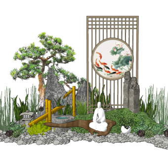 新中式景观小品，水景，松树石头，拴马桩，石头石狮子雕塑小品组合3su草图模型下载