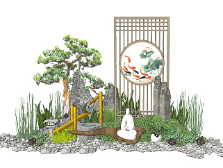 新中式景观小品，水景，松树石头，拴马桩，石头石狮子雕塑小品组合3su草图模型下载