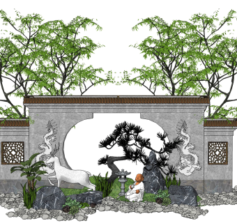 新中式庭院景观雕塑小品su草图模型下载