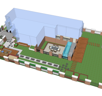 现代别墅花园设计，院墙庭院景观庭院su草图模型下载