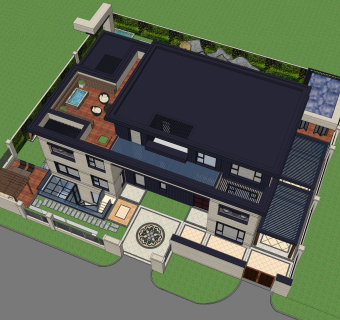 欧式别墅花园庭院设计su草图模型下载