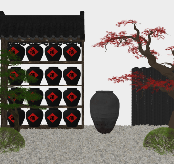 新中式景观小品枯树灌木酒缸小品su草图模型下载