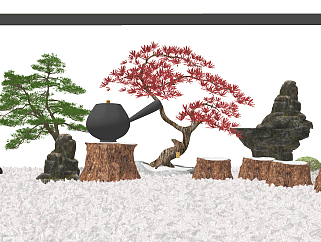 新中式红枫树景观小品su草图模型下载