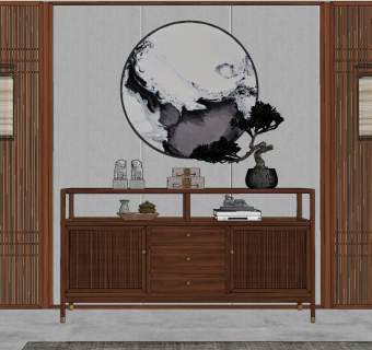 新中式餐边柜，玄关柜，摆件su草图模型下载