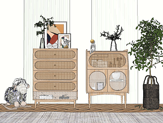 北欧日式自然风边柜装饰柜，盆栽绿植