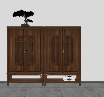 中式古典红木，边柜装饰柜su草图模型下载