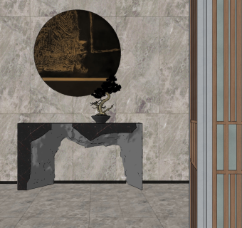 新中式石头玄关端景台摆台su草图模型下载