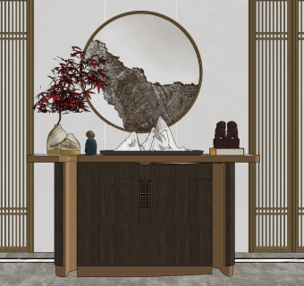 新中式玄关柜,墙饰摆件 su草图模型下载