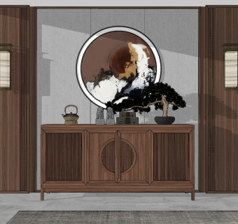 新中式古典实木玄关柜su草图模型下载