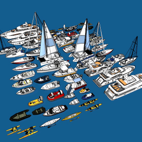 现代游艇 轮船帆船，橡皮艇su草图模型下载