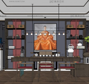 06新中式茶室，书房茶桌椅su草图模型下载