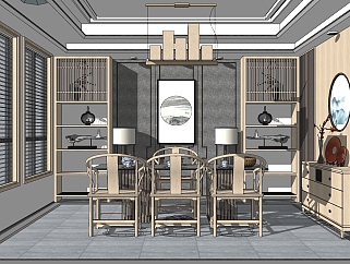 新中式茶室，茶桌椅，装饰柜，书柜玄关柜，中式圈椅su草图模型下载