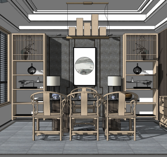 新中式茶室，茶桌椅，装饰柜，书柜玄关柜，中式圈椅su草图模型下载