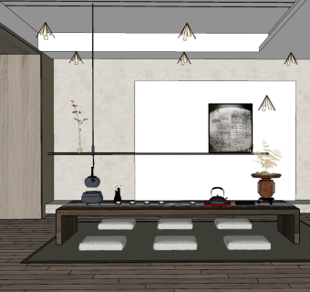 新中式茶室炕桌，茶台su草图模型下载