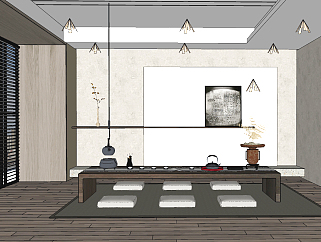 新中式茶室炕桌，茶台su草图模型下载