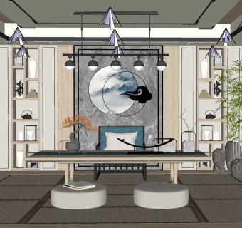 08新中式榻榻米茶室，茶桌椅，盆栽装饰柜，书房su草图模型下载