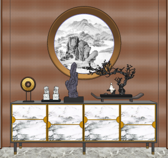 新中式边柜,墙饰,装饰摆件su草图模型下载