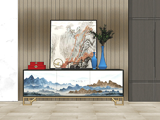 新中式电视柜摆件装饰画 su草图模型下载