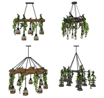 工业风植物铁艺麻绳吊灯su草图模型下载