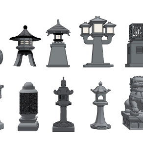 新中式庭院户外灯,石柱灯，石狮子，报鼓，香炉su草图模型下载