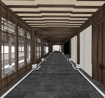 新中式古建走廊su草图模型下载
