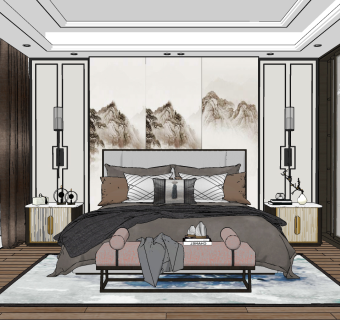 新中式卧室su草图模型下载