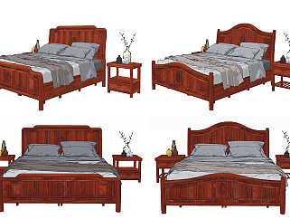 中式美式红木实木双人床床头柜组合su草图模型下载