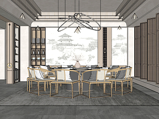 新中式餐厅，包间，包房，圆形茶桌椅su草图模型下载